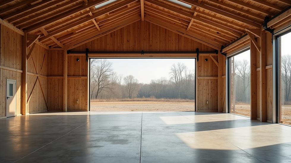 Eye-level view of a finished custom pole barn with large sliding doors and a concrete floor