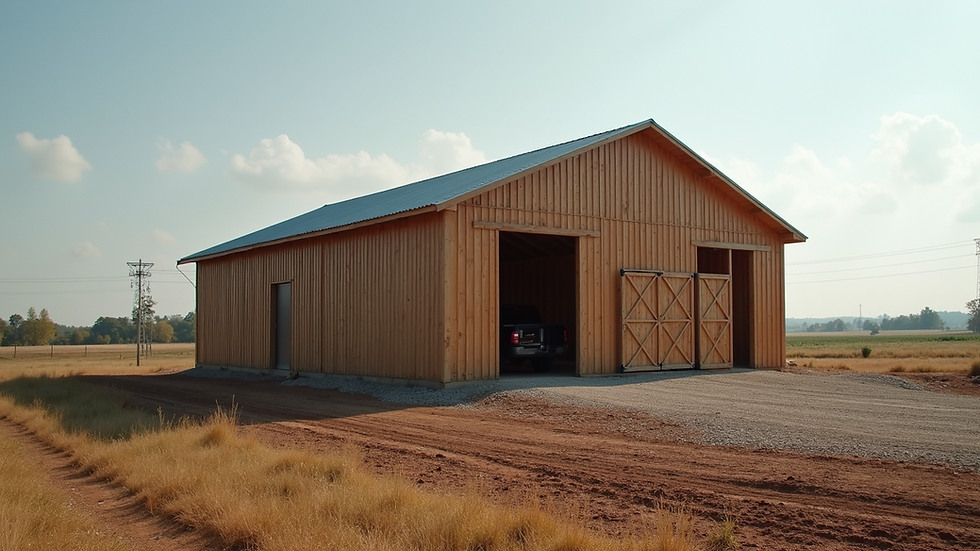 Wide angle view of a newly constructed pole barn