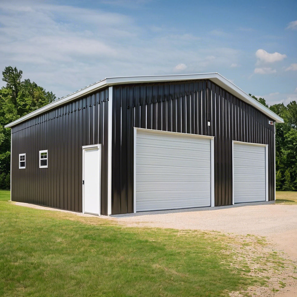 metal building for a garage with white walls and black roof