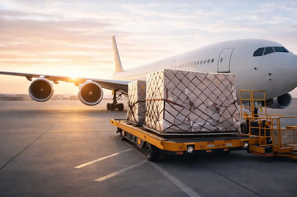 სატვირთო თვითმფრინავი ტვირთის დატვირთვით აეროპორტში საერთაშორისო