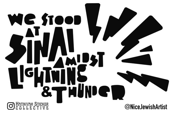 The artwork features bold typography expressing solidarity with Jewish heritage amid themes of lightning and thunder.