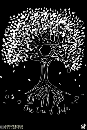 A striking depiction of the Tree of Life features intricate white branches and leaves on a black background. The star shape at the center represents Jewish pride and identity.