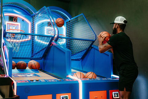 Guest playing basketball.