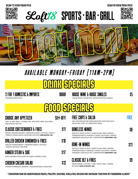 Loft18 Baton Rouge Lunch Menu