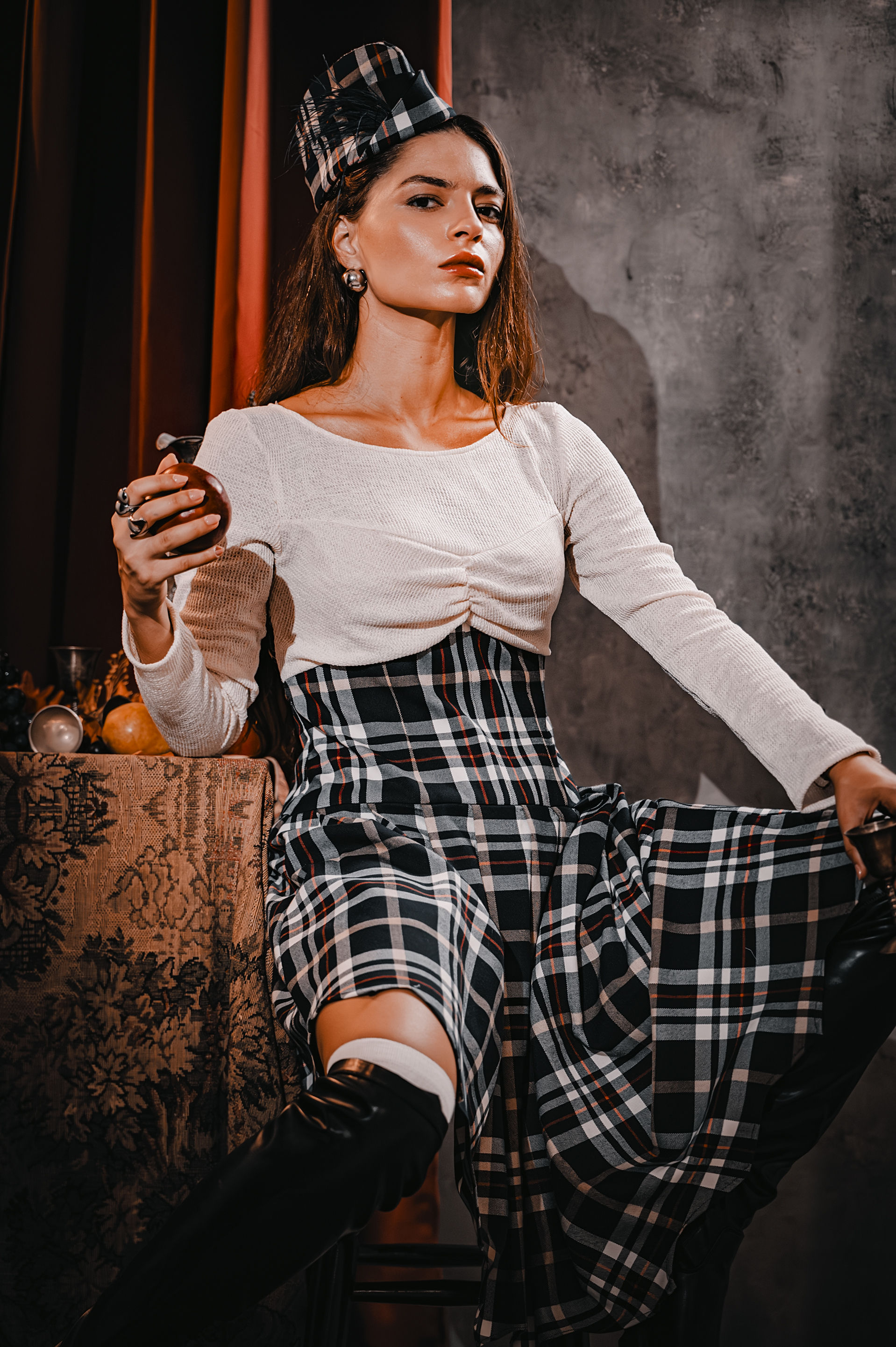 Navy Blue tartan dress front view Scottish style woman