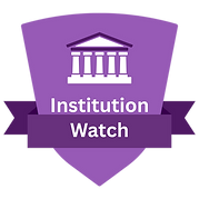 Purple badge with an icon of a government building above the words "Institution Watch."