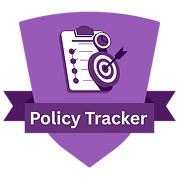 Purple badge with an icon of a clipboard, target, and arrow above the words "Policy Tracker."