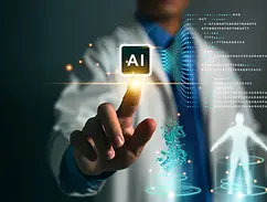 A person in a lab coat is shown touching a glowing square labeled “AI” with their index finger, symbolizing artificial intelligence. Around the hand are holographic digital elements including DNA or RNA sequences made of letters (A, T, C, G, U), a 3D molecular structure, and an outline of a human figure. The overall image conveys the concept of AI integration in biotechnology, genetics, or medical research, blending human touch with advanced digital analysis.