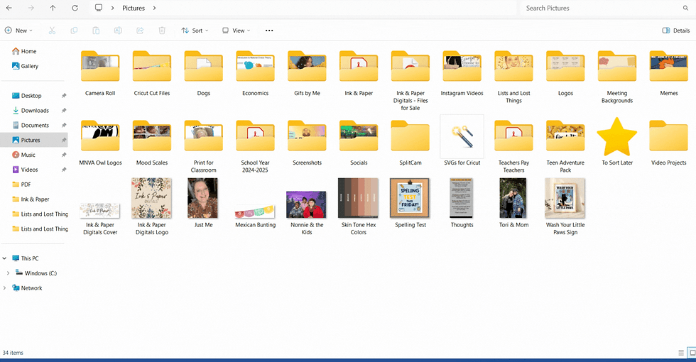 File explorer window displaying various folder icons with labels like "Camera Roll," images of logos, and a large yellow star icon. The folder with the star icon is labeled "To Sort Later" because this is my Digital Photo Drop Zone. There is a green circle around it to draw your attention to my Drop Zone.