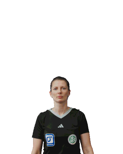 Woman in black shirt with sponsor logos holds up a black digital scoreboard above her head with the number 10 in bright, red lights. Her expression is fierce and focused.