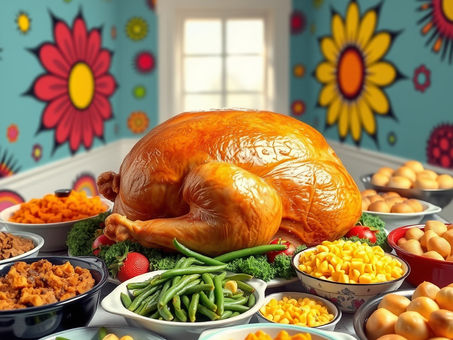 Roasted turkey with colorful side dishes on a table, set in a room with vibrant floral wallpaper, creating a festive and inviting mood.