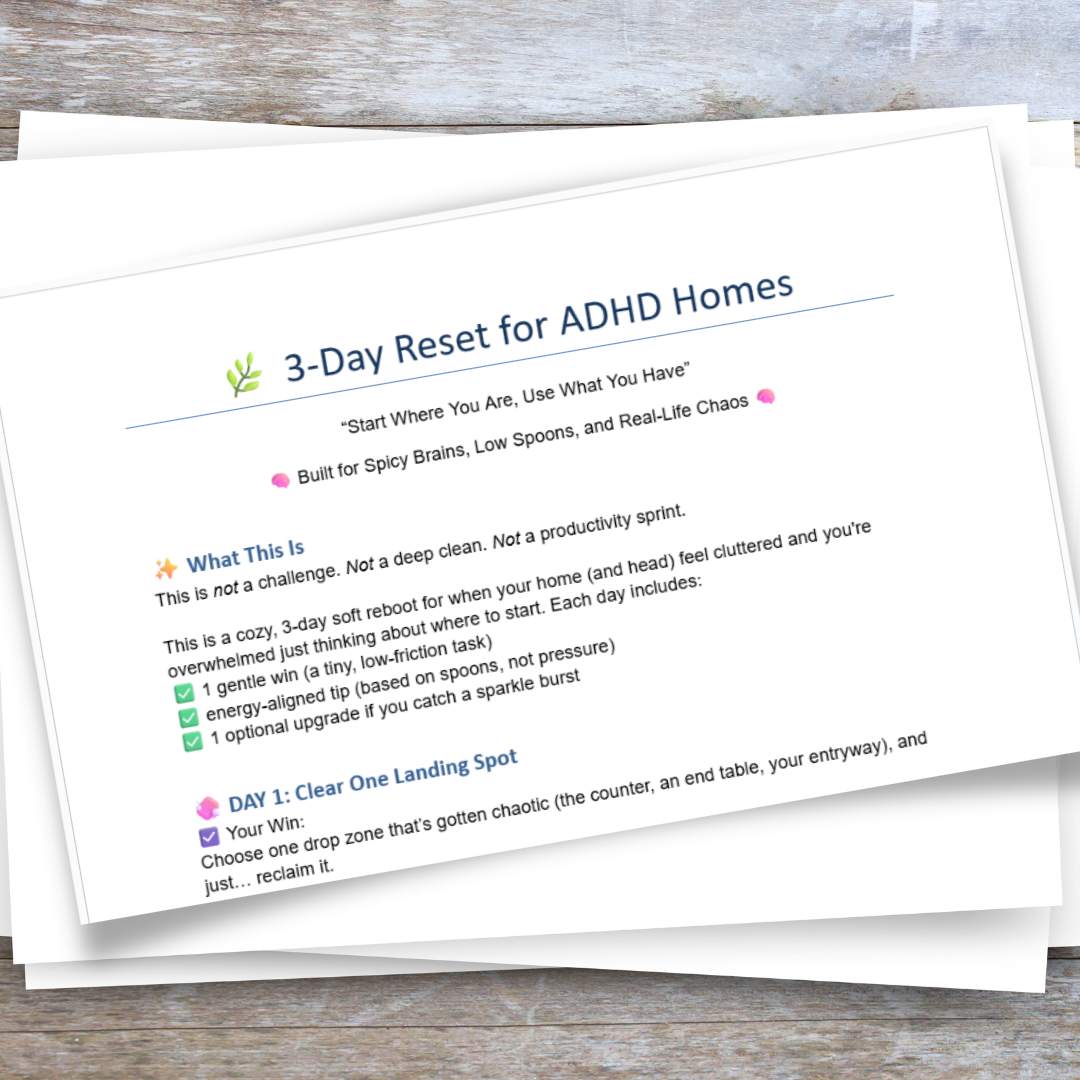 Printable “3-Day Reset for ADHD Homes” guide with daily tips and tasks, shown on stacked papers on a wooden surface.
