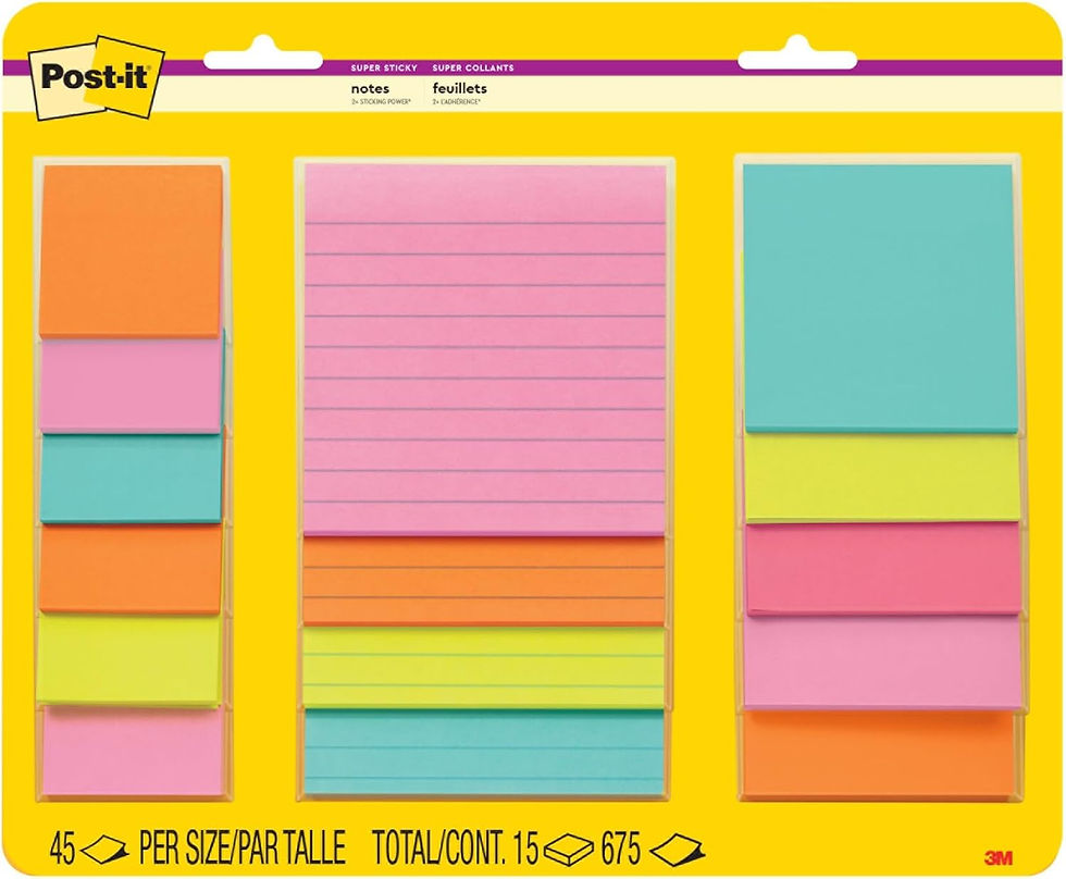 Colorful Super Sticky Post-it notes in pink, orange, yellow, and blue packs on a yellow backing. Includes lined pink notes. Text: "Post-it", "45 per size", "Total 675".