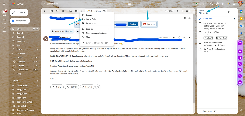 Email window on a desktop shows a message about a homeschool group event. Toolbar options and side task panel with a to-do list visible.