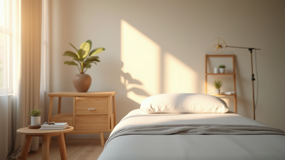 Eye-level view of a calm therapy room with soft lighting