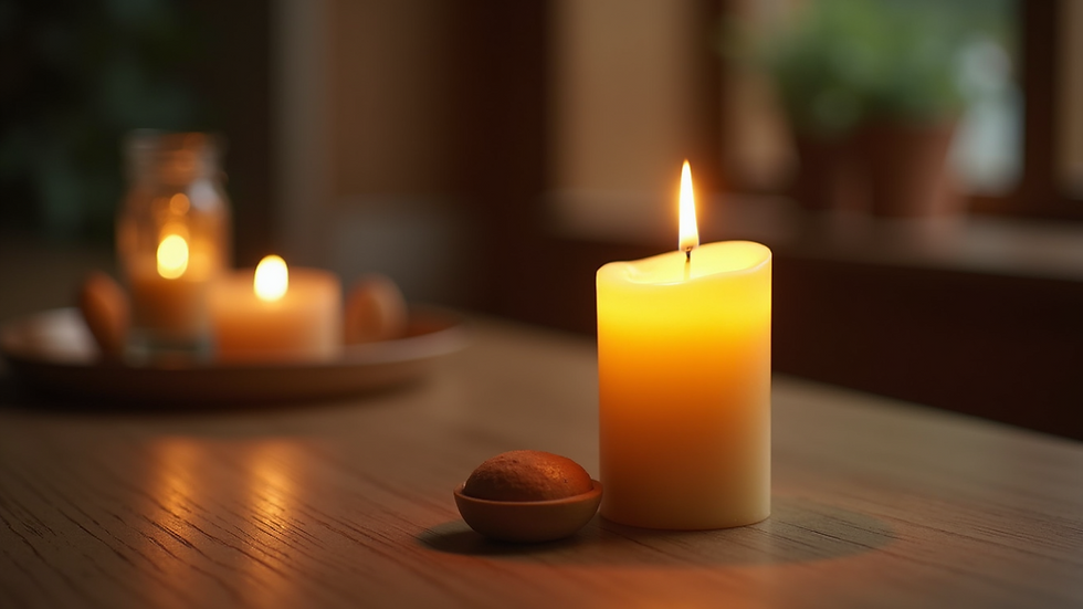 Close-up view of a beeswax candle burning softly on a wooden table