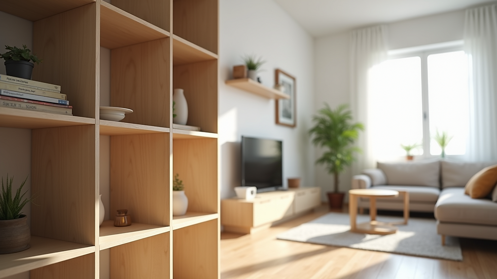 Close-up view of modular shelving units in a bright, organized living room
