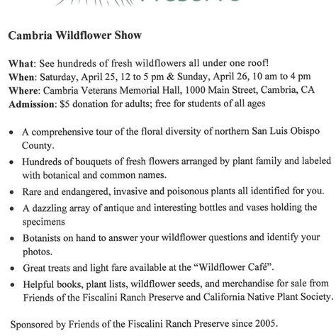 CAMBRIA WILDFLOWER SHOW APRIL 25 & 26