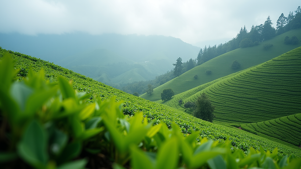 Eye-level view of tea plantations in Cameron Highlands with misty hills in the background