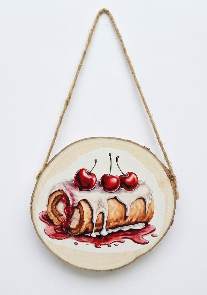 15cm round wooden slice with cherry cake art