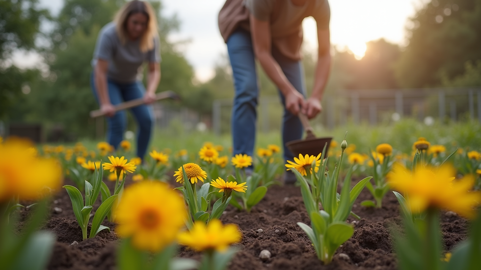 Eye-level view of a community garden with volunteers planting flowers