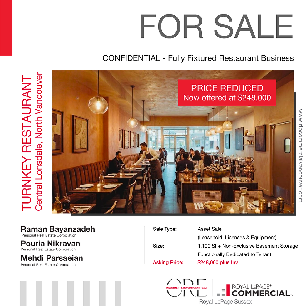 PRICE REDUCED | TURNKEY RESTAURANT OPPORTUNITY | CENTRAL LONSDALE, NORTH VANCOUVER