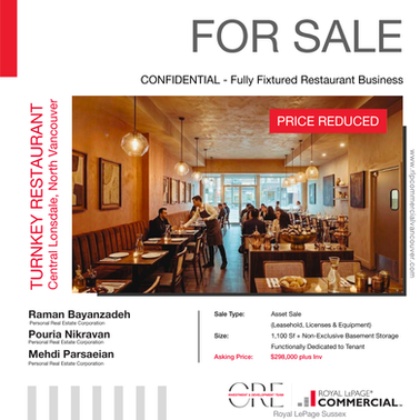 PRICE REDUCED | TURNKEY RESTAURANT OPPORTUNITY | CENTRAL LONSDALE, NORTH VANCOUVER