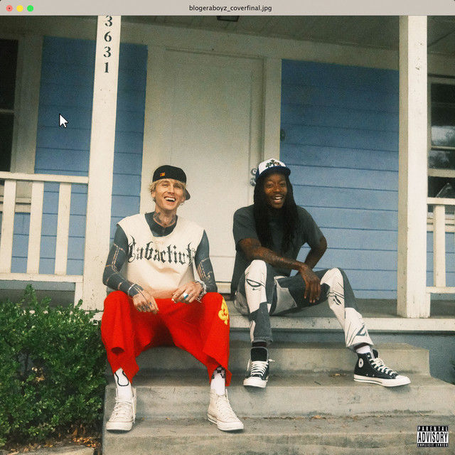 The cover of blog era boyz, featuring Machine Gun Kelly and Wiz Khalifa sitting on the steps of a front porch.