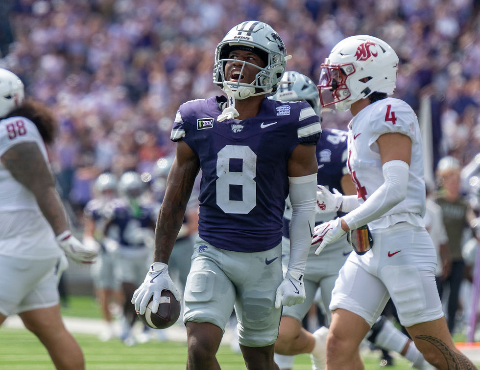 K-State’s Brandon White (8) exclaims after a punt return that set the Wildcats up to extend their lead during the game on Sept. 5, at Bill Snyder Family Stadium in Manhattan. (Ashton Todd)