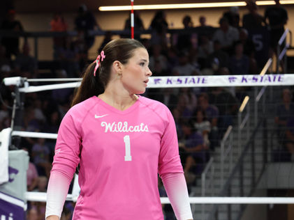 Sophomore Caleigh Ponn stands on the court during K-State's match against Utah on Oct. 3 at Morgan Family Arena. The Utes defeated the Wildcats 3-0. (Salvador Valera)