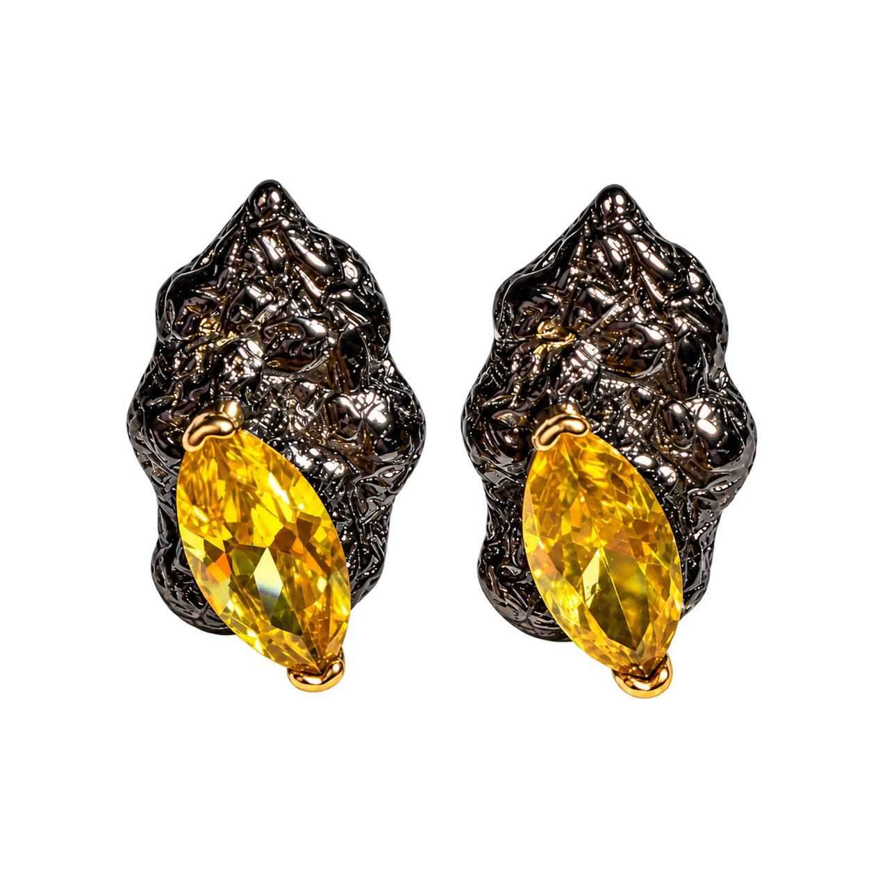 Orecchini Argento 925 Rodio Nero - Zircone Naturale Giallo Citrino