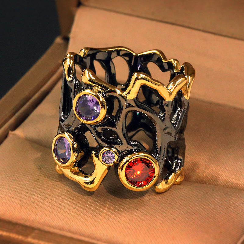 Miniatura: Anello Argento 925 - Rodio Nero - ORO 18K - Zirconi Naturali Rosso e Viola