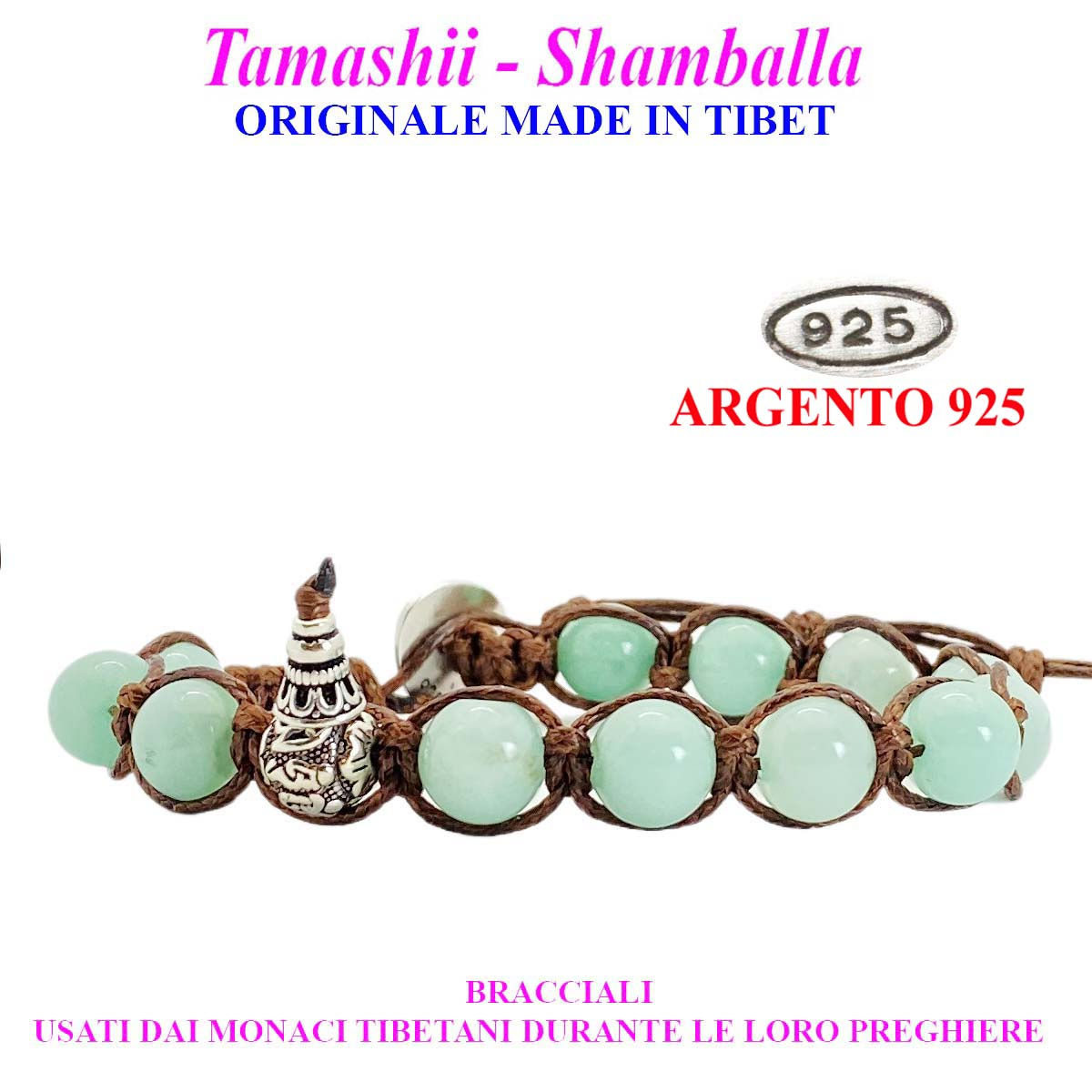 Tamashii Tamashi Shamballa Bracciale Tibetano Argento 925 Giada Verde Acqua