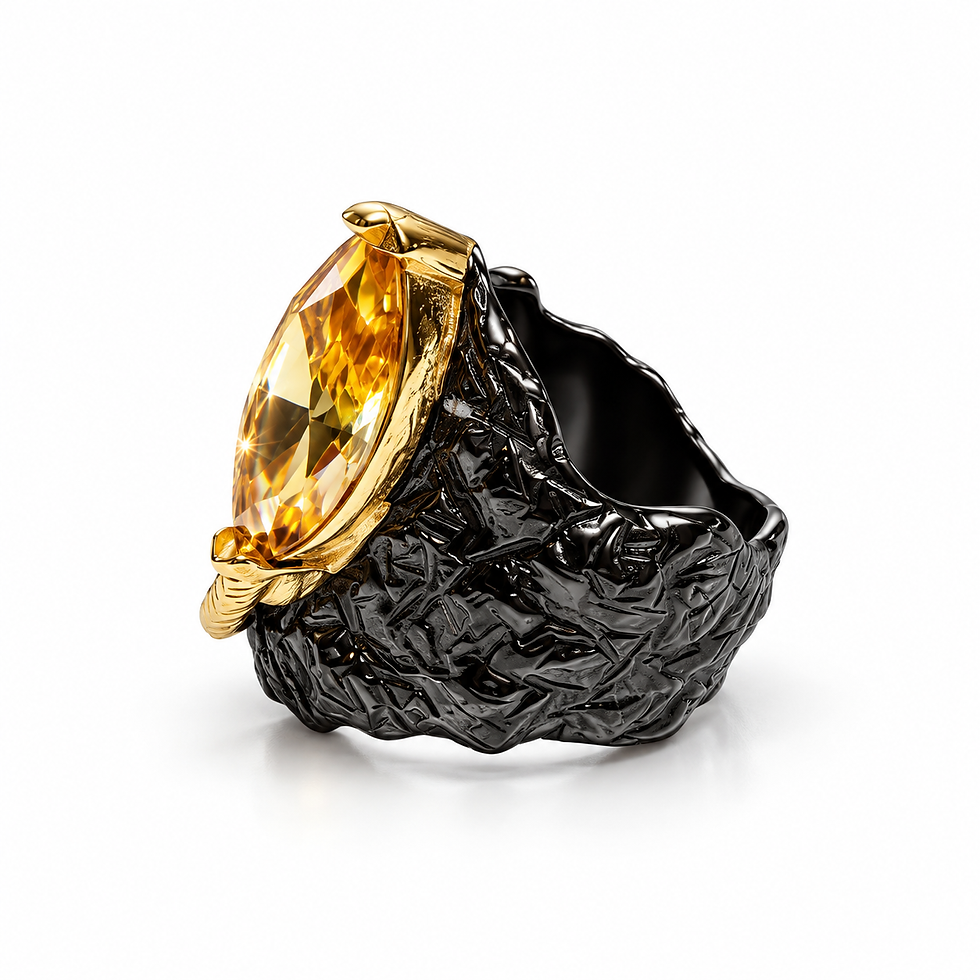 Miniatura: Anello Argento 925 Rodio Nero - Zircone Naturale Giallo Citrino