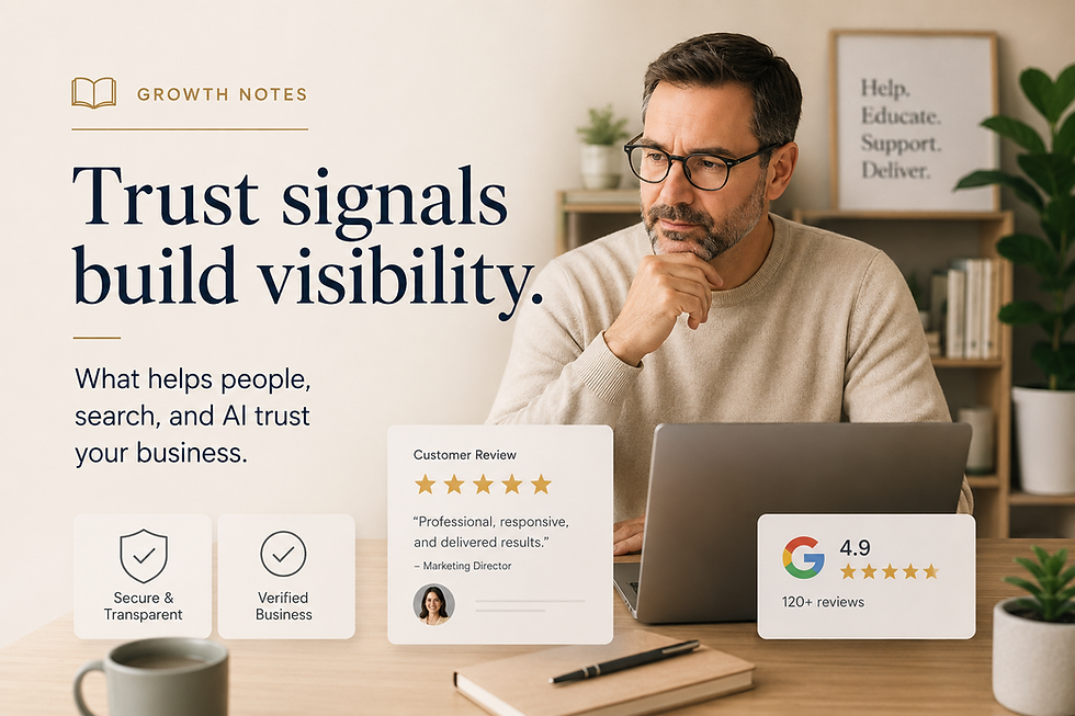 Growth Notes thumbnail showing review cards, credibility icons, and the headline “Trust signals build visibility.”