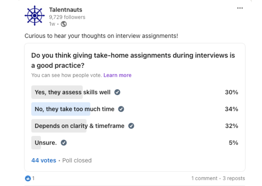 Poll about interview assignments in tech hiring