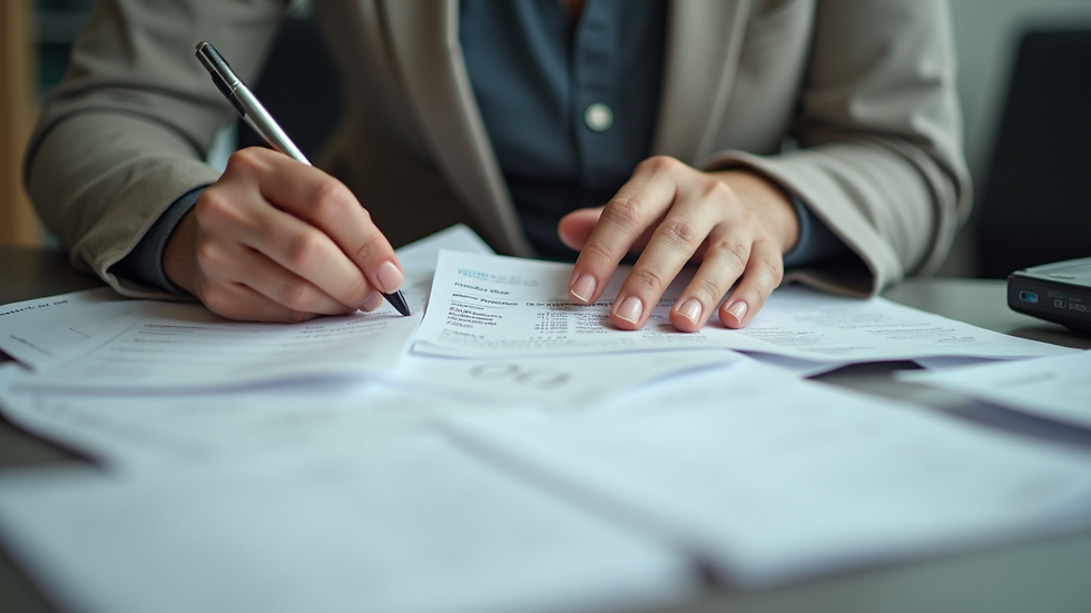 Eye-level view of a small business owner organizing receipts and invoices on a desk