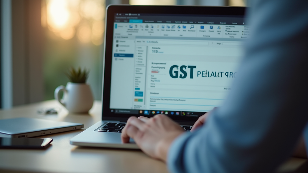 Close-up view of a person using a laptop to file GST returns online