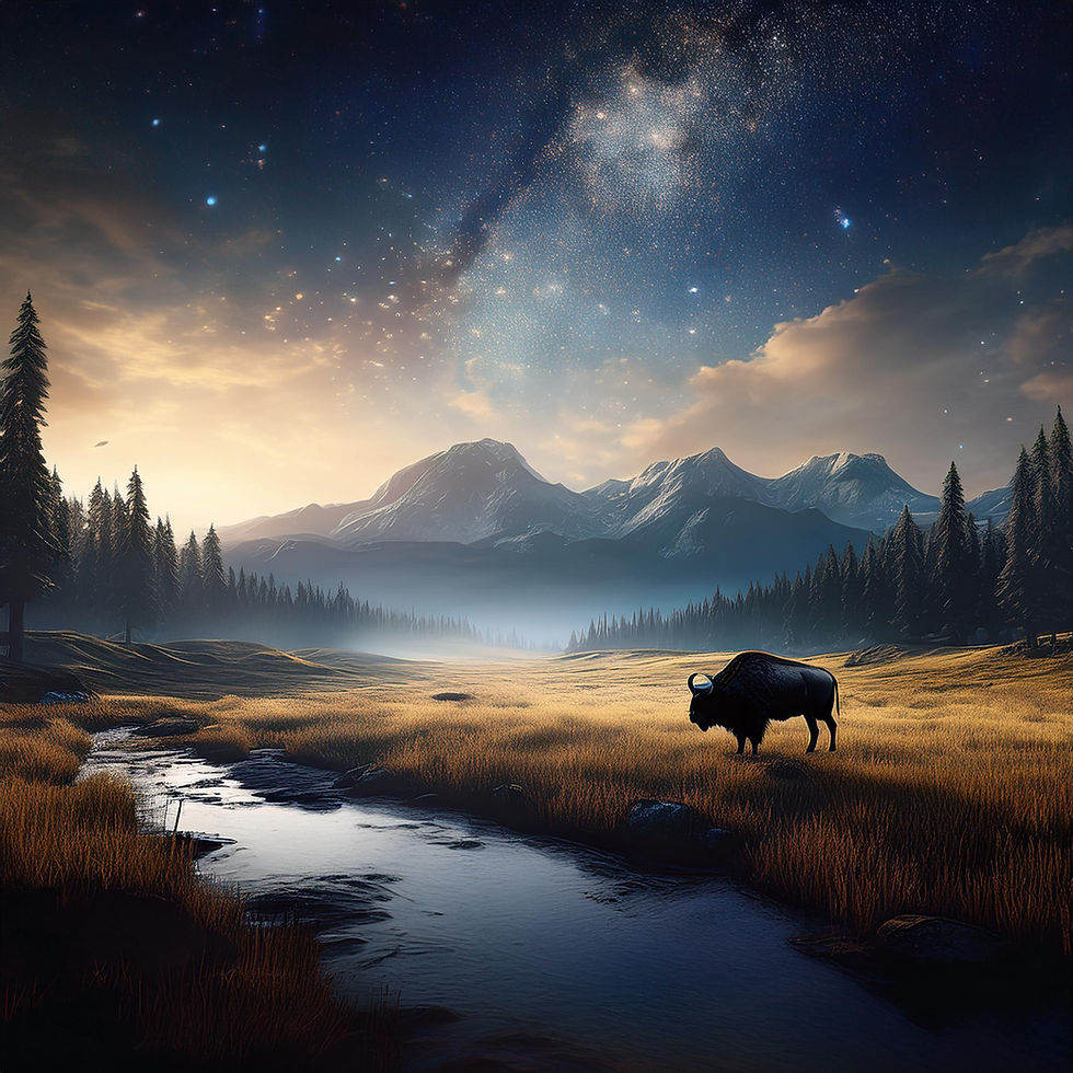 Firefly campo aberto, cenário medieval, bisões ao longo dos campos, floresta fechada ao fu