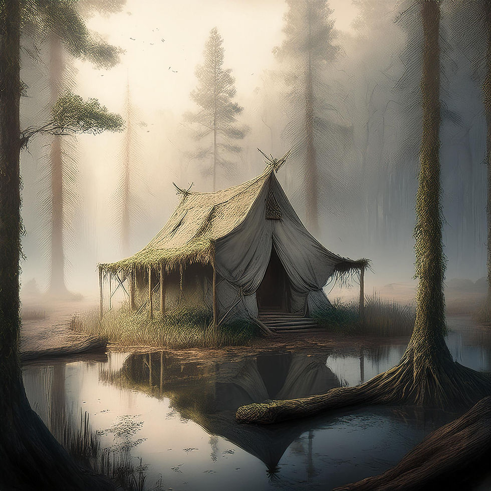 Firefly simples barraca de madeira abandonada coberta de musgo em 1890 em floresta fechada