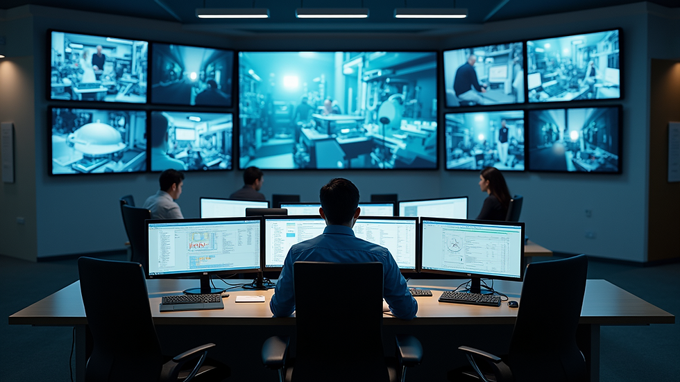 High angle view of a control room with multiple screens monitoring manufacturing processes