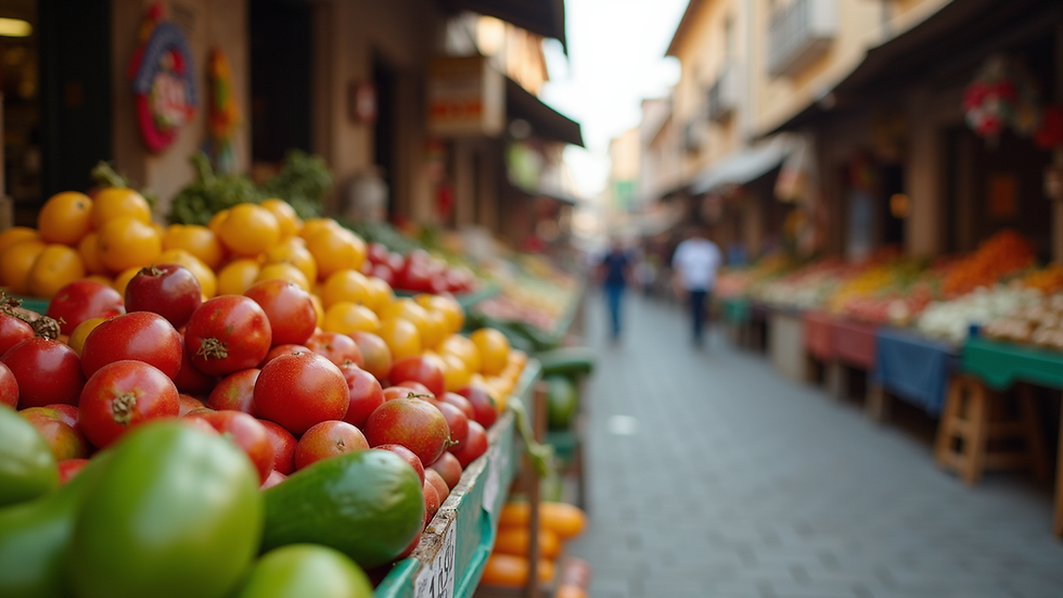 Eye-level view of a colorful street market with fresh produce in Guadalajara
