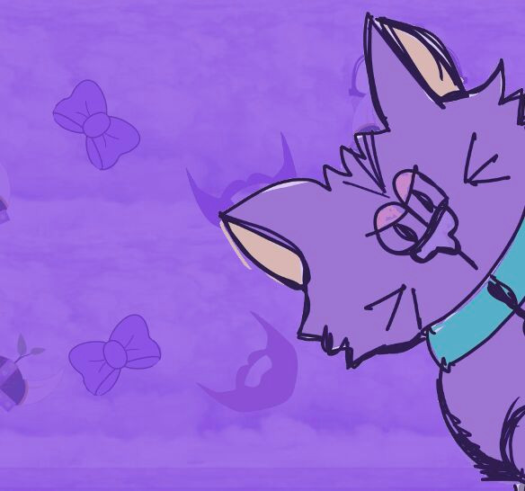 purple background on right corner a purple cartoon cat with a green collaris peeking