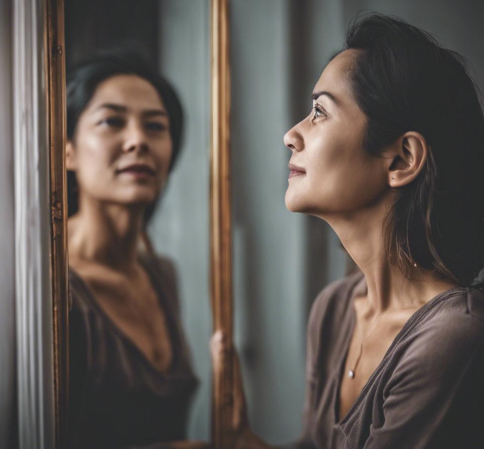 A woman with olive skin and black long hair, looking into a mirror with an expression of calm, serenity, peace, and devotion.