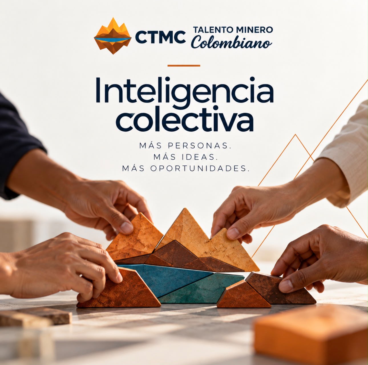 Pieza de CTMC Inteligencia colectiva: varias manos encajan piezas de piedra de colores tierra y azul que juntas forman una montaña sobre un río; el texto dice Más personas, más ideas, más oportunidades.