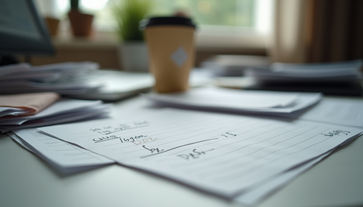 Eye-level view of a cluttered desk with scattered papers and a half-finished to-do list