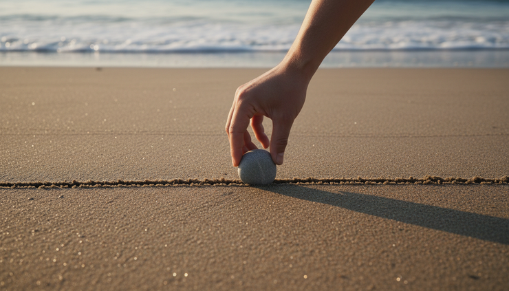 Overhead view of a person placing a small stone beside a line drawn in sand.