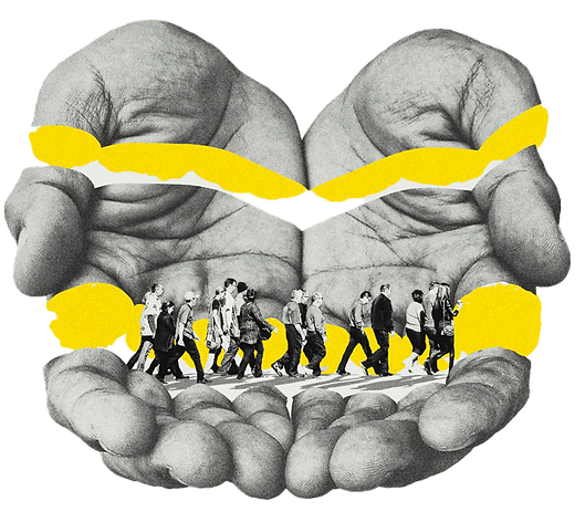 Fotomontaje de manos simulando sostener un grupo de personas que caminan sobre ella.