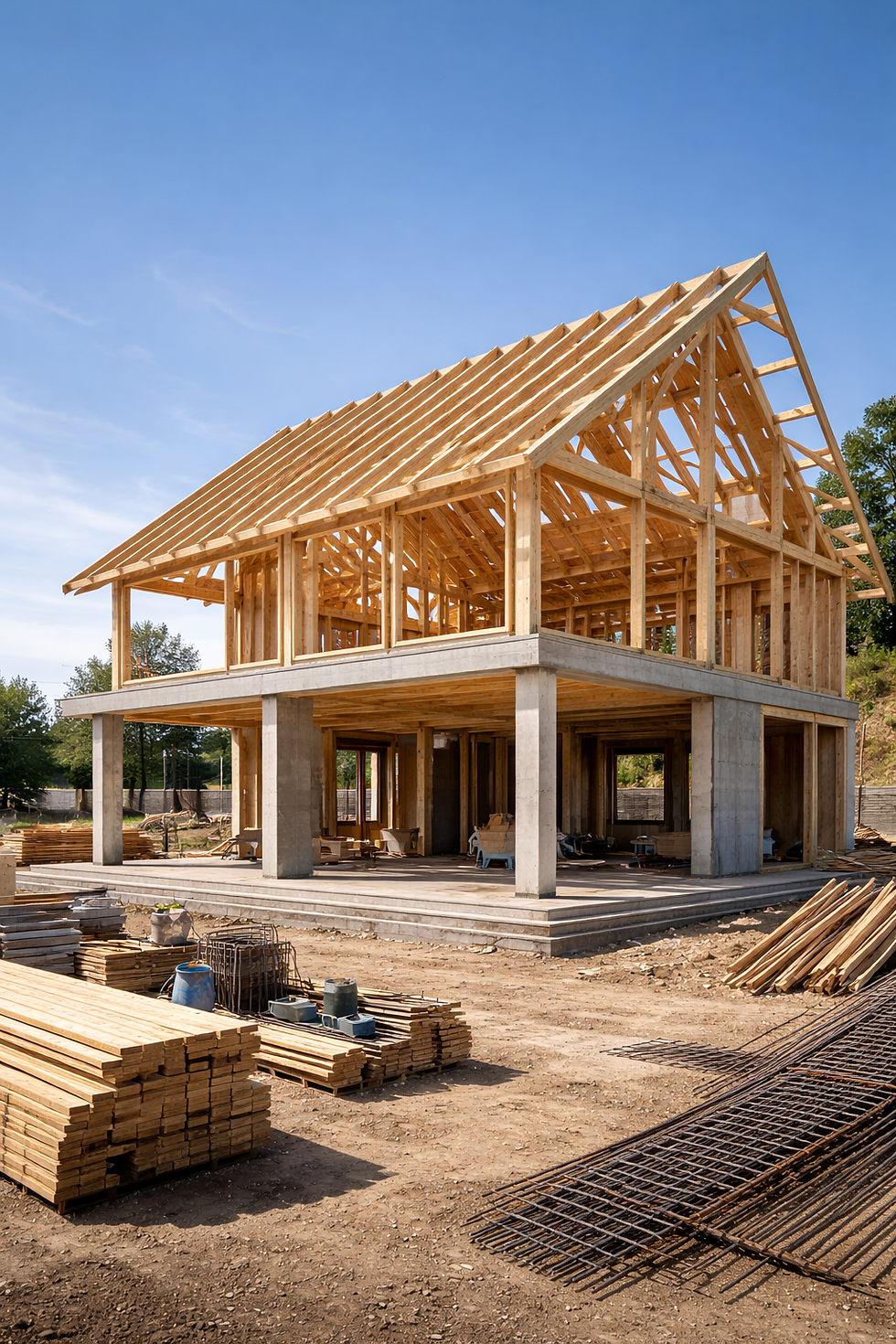 Wide angle view of a modern building under construction