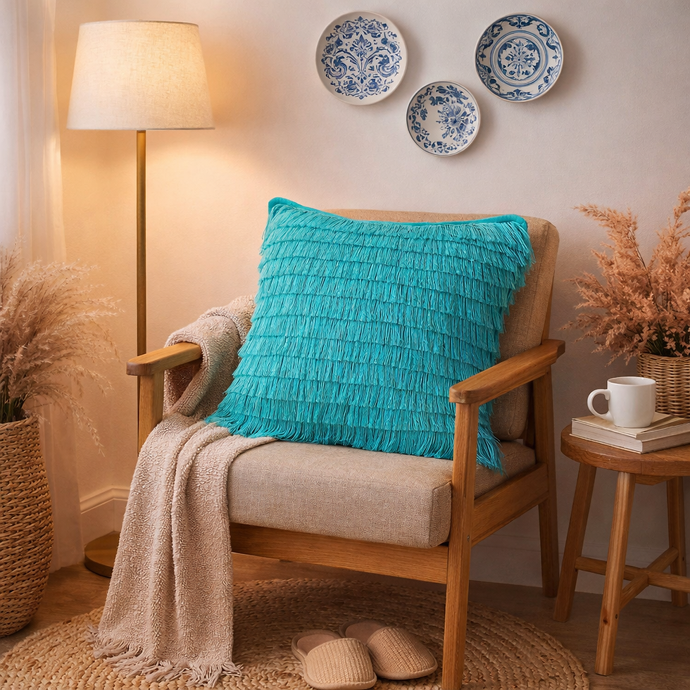 High angle view of a cozy corner nook with camel cushion cover featuring wool fringes on a sofa